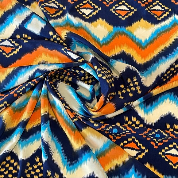 Blue and Orange Multicolor Chevron Tribal Print Poly Print Satin Fabric - Picture 2 of 2
